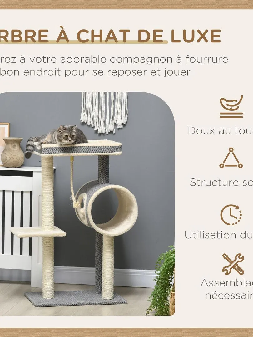 Arbre chat style cosy chic sisal naturel peluche courte aspect lin tressé gris - Gris