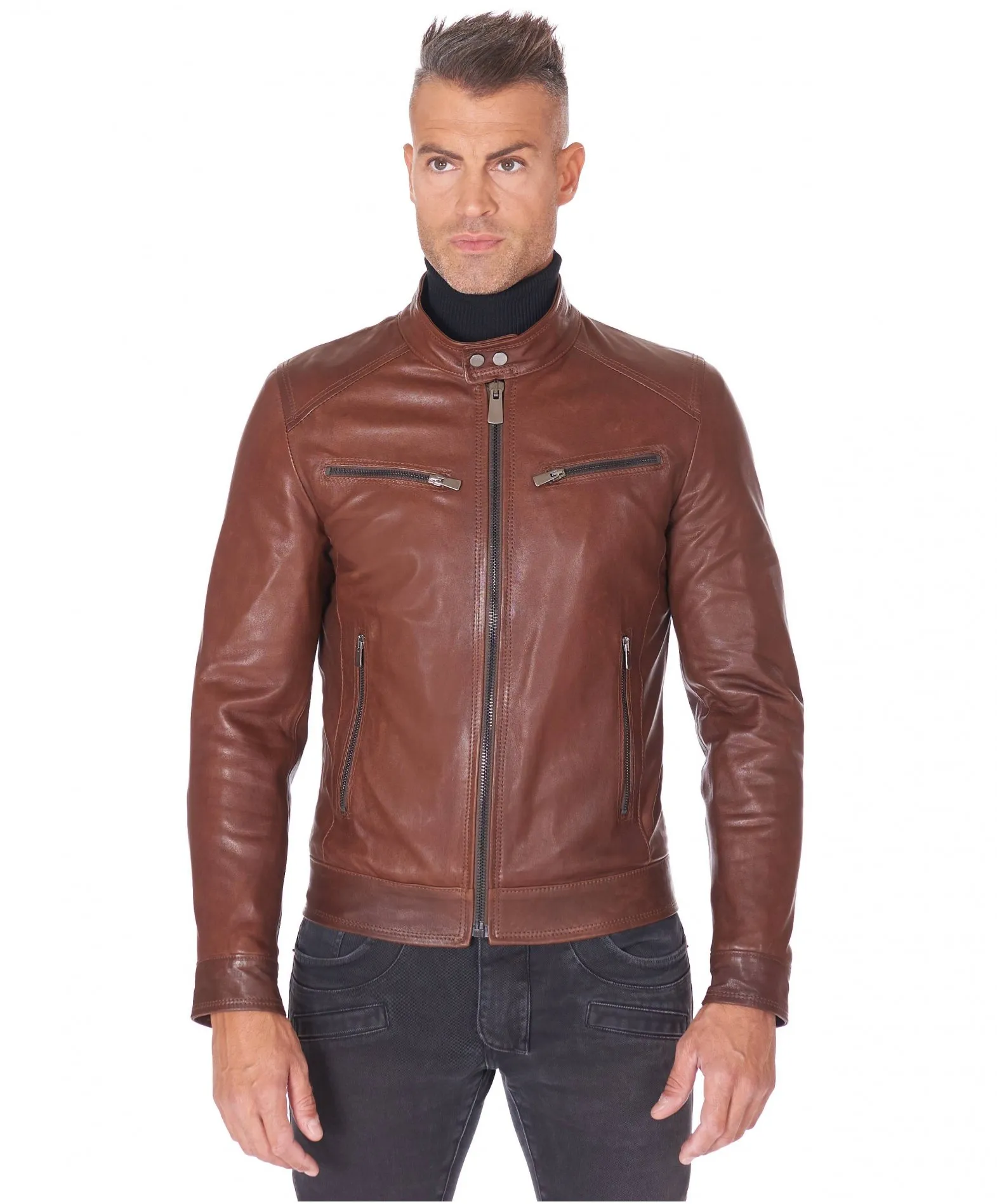 Blouson cuir homme motard vintage veste cuir marron Hamilton