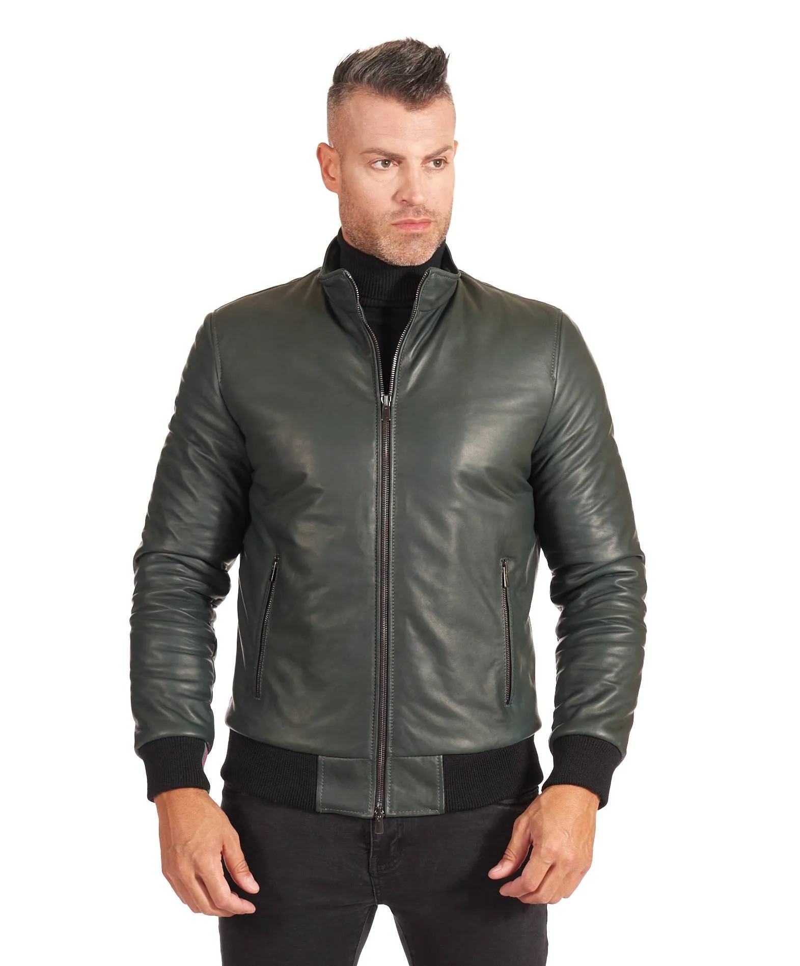 Blouson cuir homme style bomber cuir agneau naturel vert 106