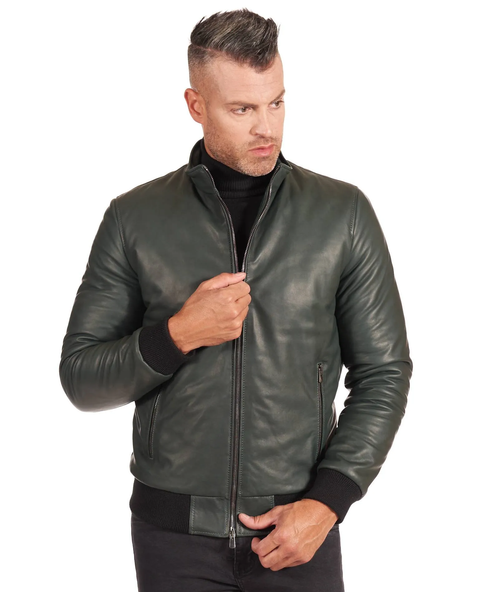 Blouson cuir homme style bomber cuir agneau naturel vert 106