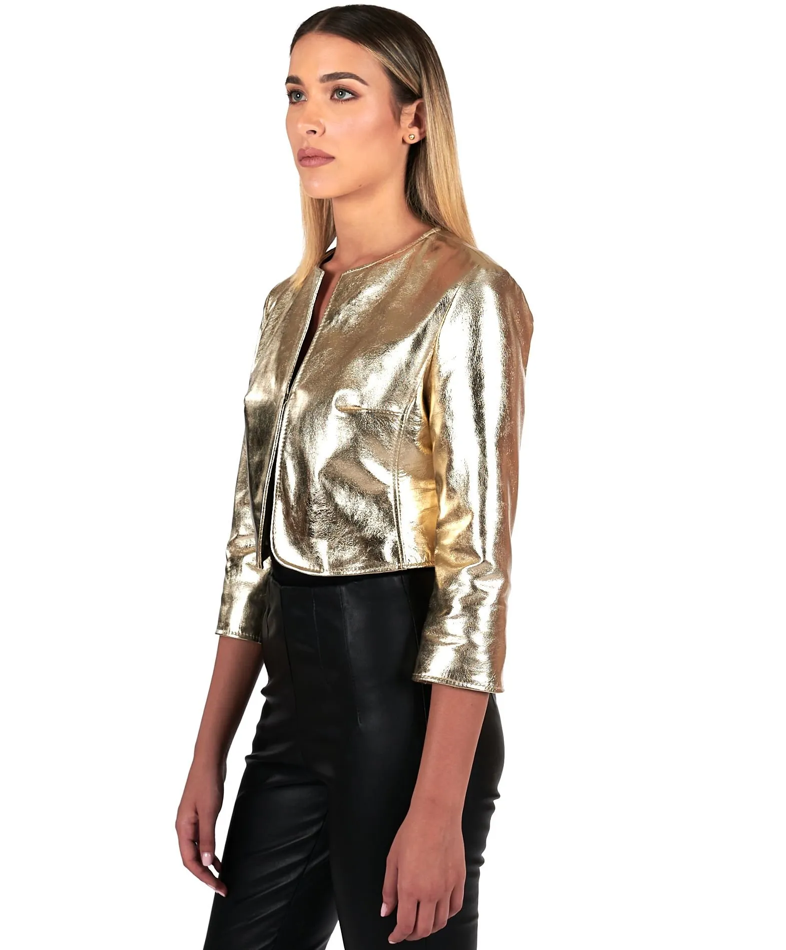 Boléro cuir femme blouson cuir plongé cuir laminé or Miss