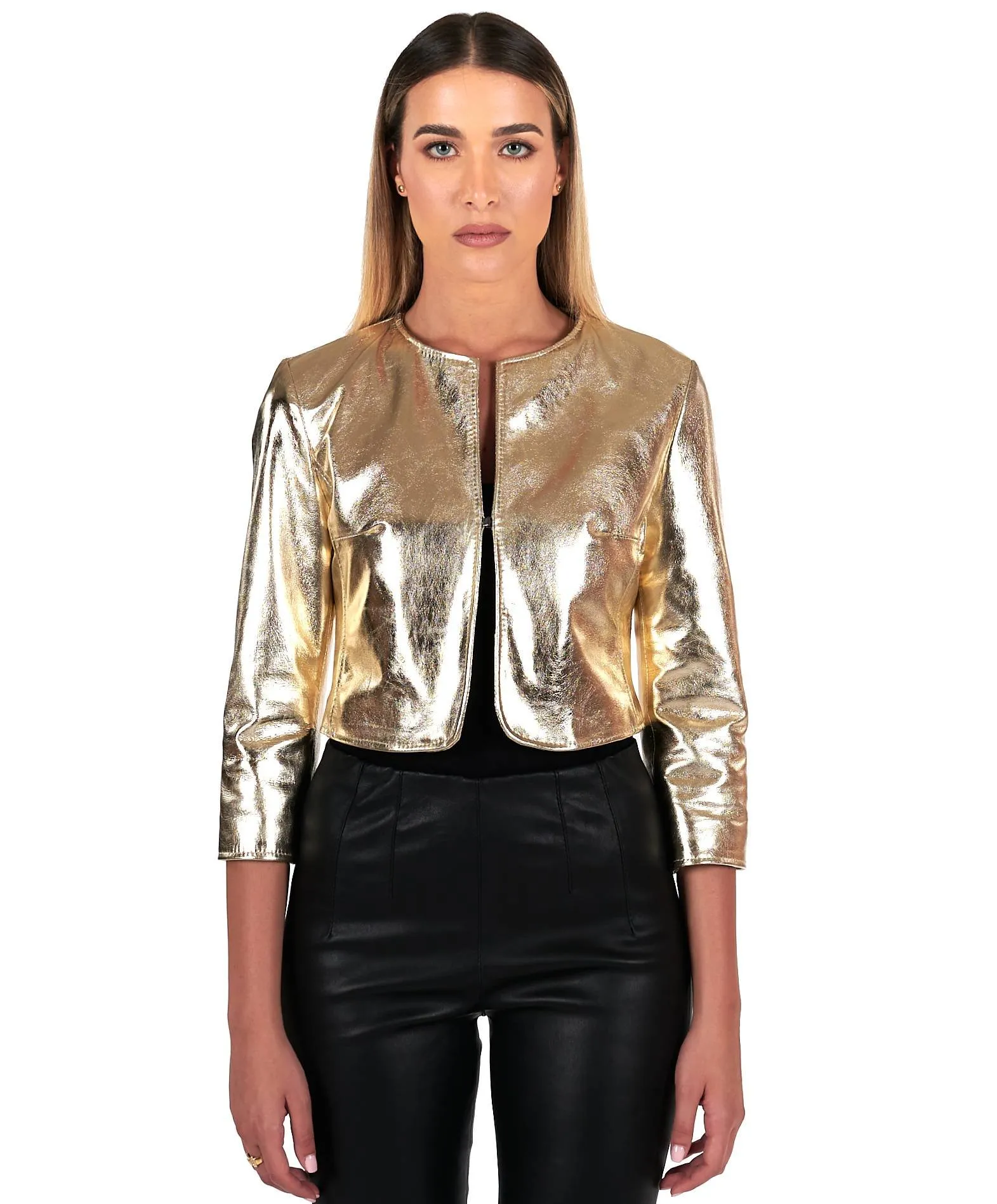 Boléro cuir femme blouson cuir plongé cuir laminé or Miss