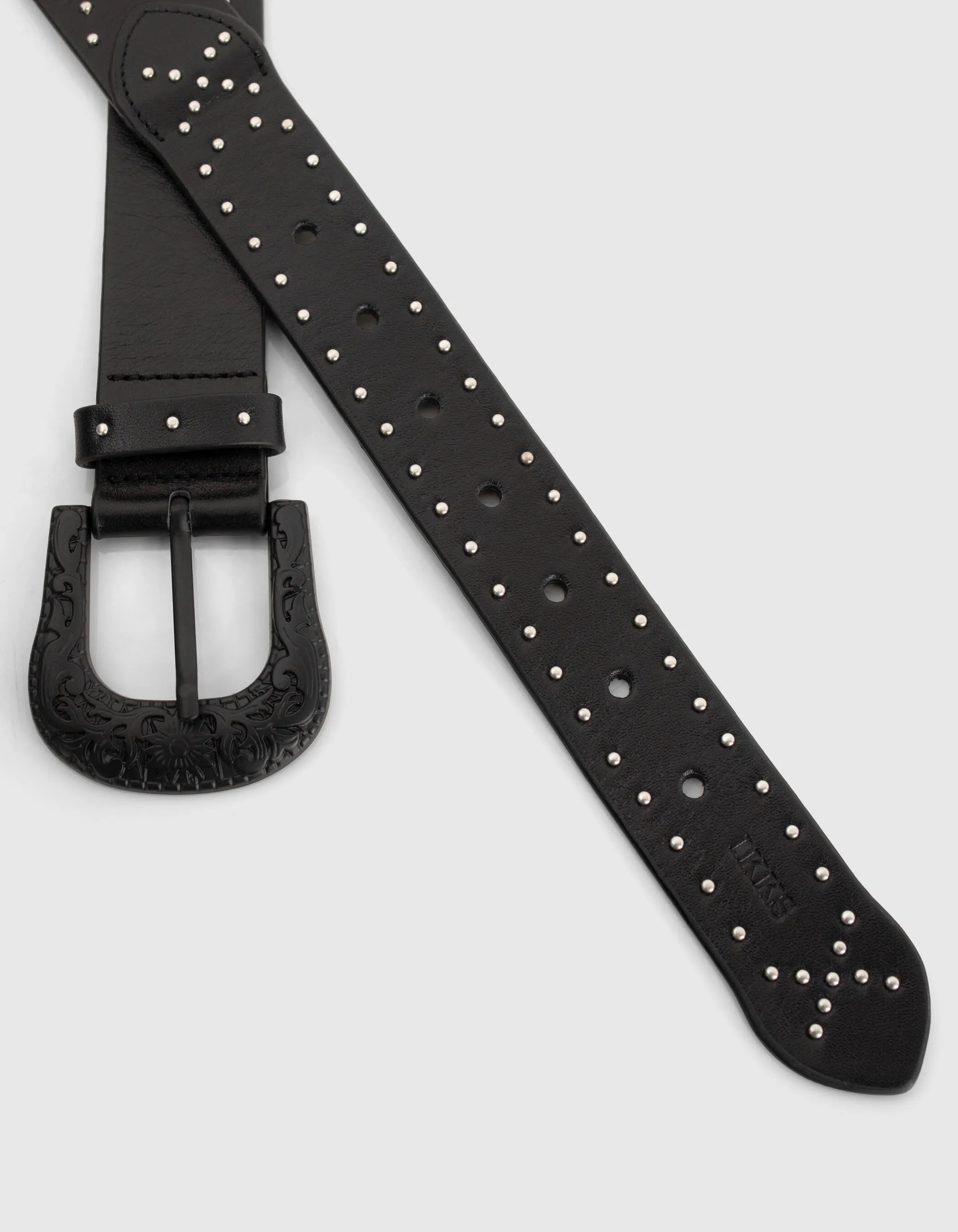 Ceinture cuir noir à clous boucle western Femme