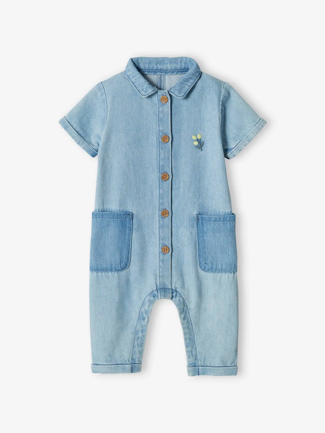 Combinaison manches courtes bébé en denim denim bleached - Vertbaudet