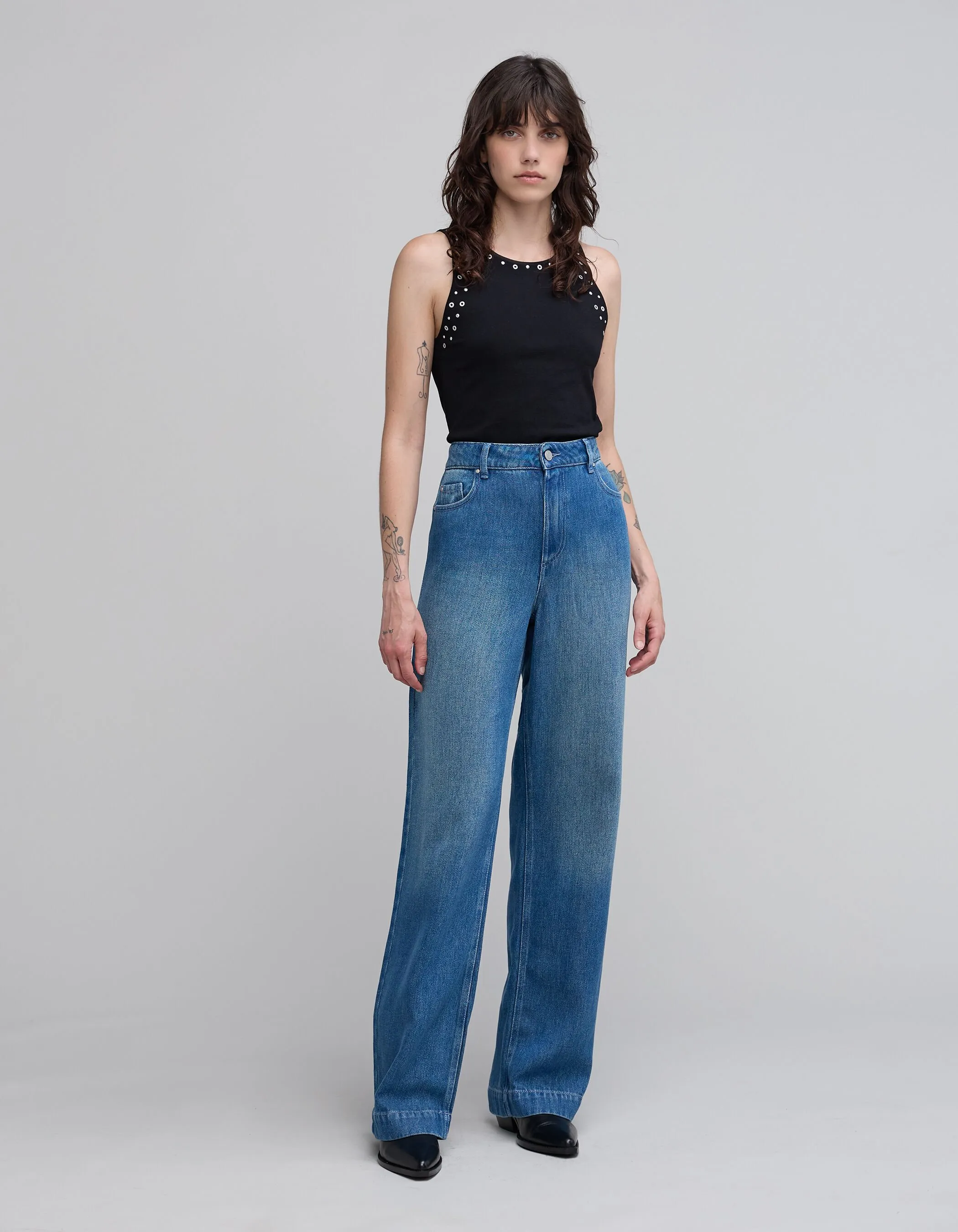 Denim wide leg taille haute femme