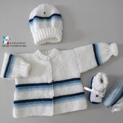 Ensemble 1 mois, brassière bonnet et chaussons, 4 couleurs layette tricot bb modèle tricot bébé sur commande