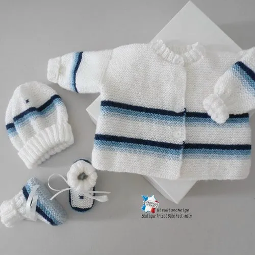 Ensemble 1 mois, brassière bonnet et chaussons, 4 couleurs layette tricot bb modèle tricot bébé sur commande