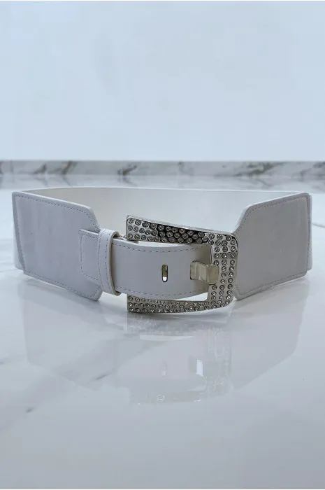 Grosse ceinture blanche bi-matière à bride métallisée et strass