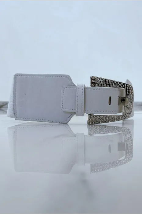 Grosse ceinture blanche bi-matière à bride métallisée et strass