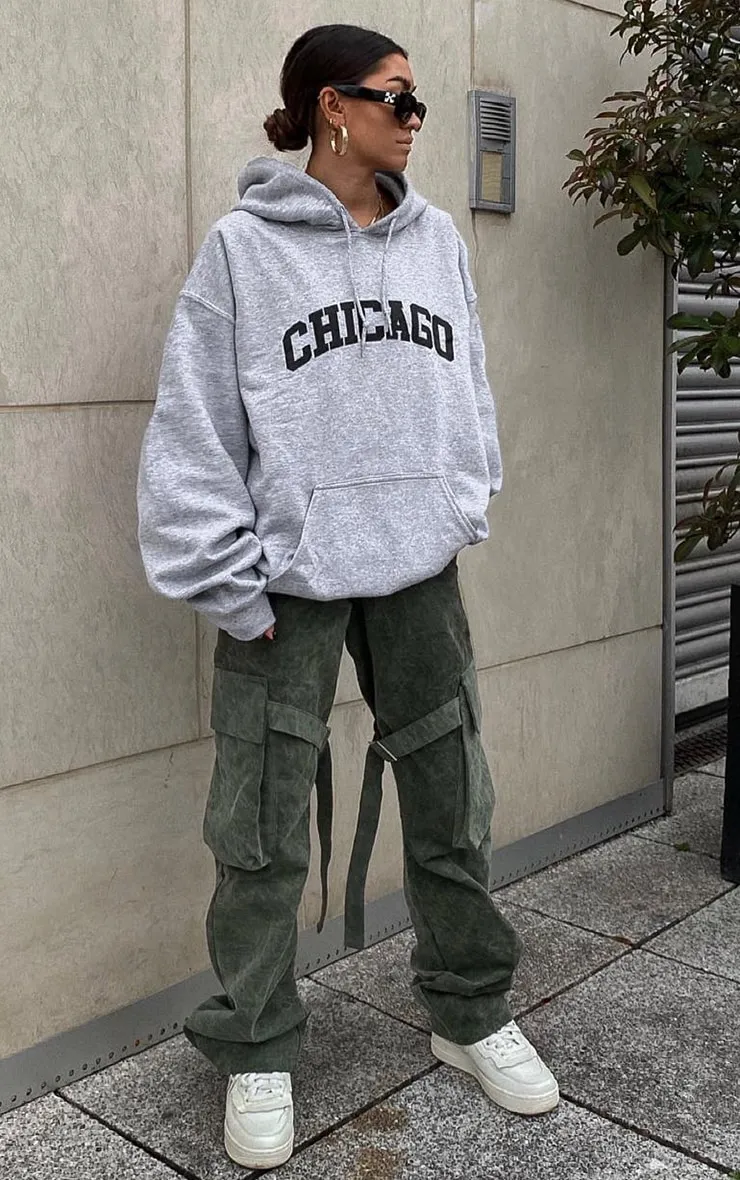 Hoodie imprimé Chicago gris oversize