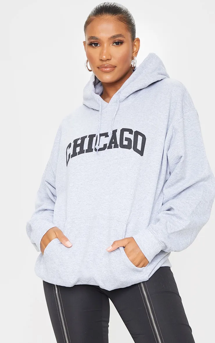 Hoodie imprimé Chicago gris oversize