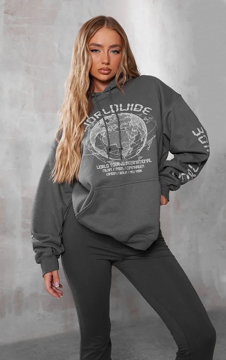 Hoodie oversize gris anthracite à slogan Worldwide