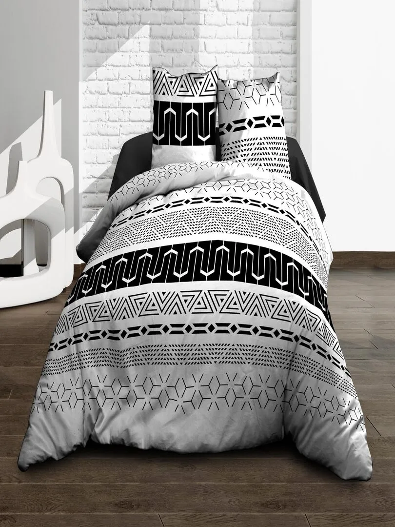 Housse de couette 220x240 + 2 taies - Pur coton 57 fils - Graphic - Noir