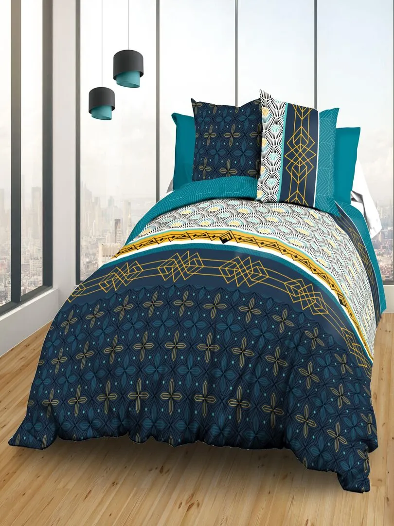 Housse de couette 240x260 + 2 taies - Pur coton 57 fils - Biarritz - Bleu