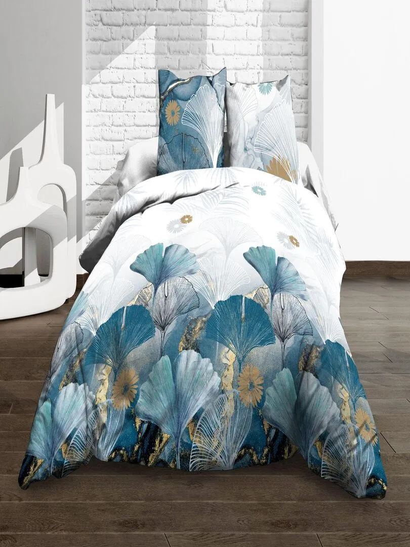 Housse de couette 240x260 + 2 taies - Pur coton 57 fils - Ginko bleu - Bleu