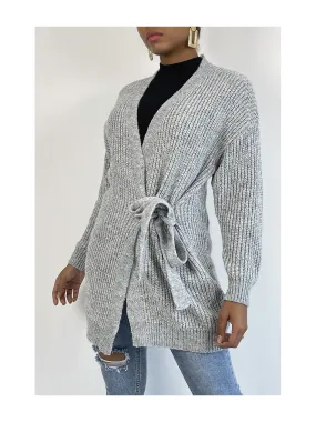 Long gilet cache coeur gris épais avec ceinture intégré