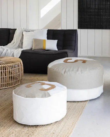 Pouf Duo ⌀72 · Lin et cuir ambre