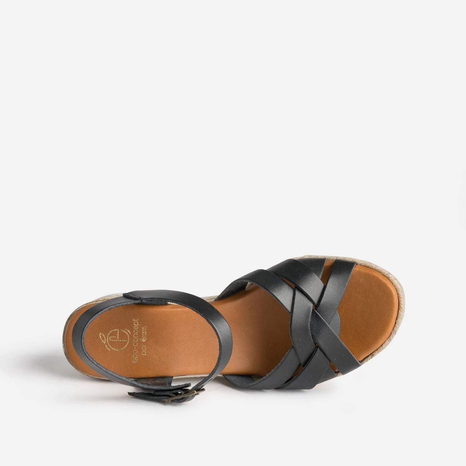 Sandale compensée noire éco-conçue en cuir - Sandales Femme | ERAM