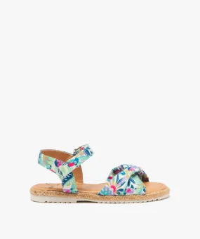 sandales fille a bride drapee en tissu et scratch a motifs bleu sandales et nu-pieds