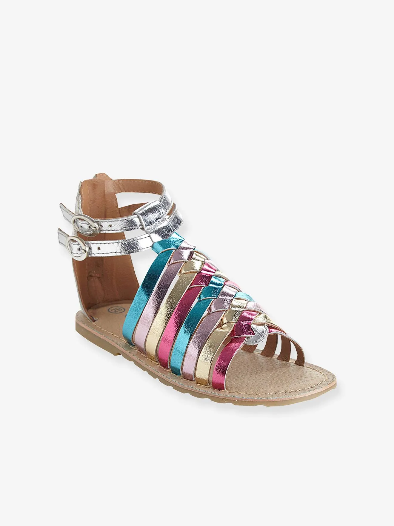 Sandales fille en cuir argent/multicolore - Vertbaudet