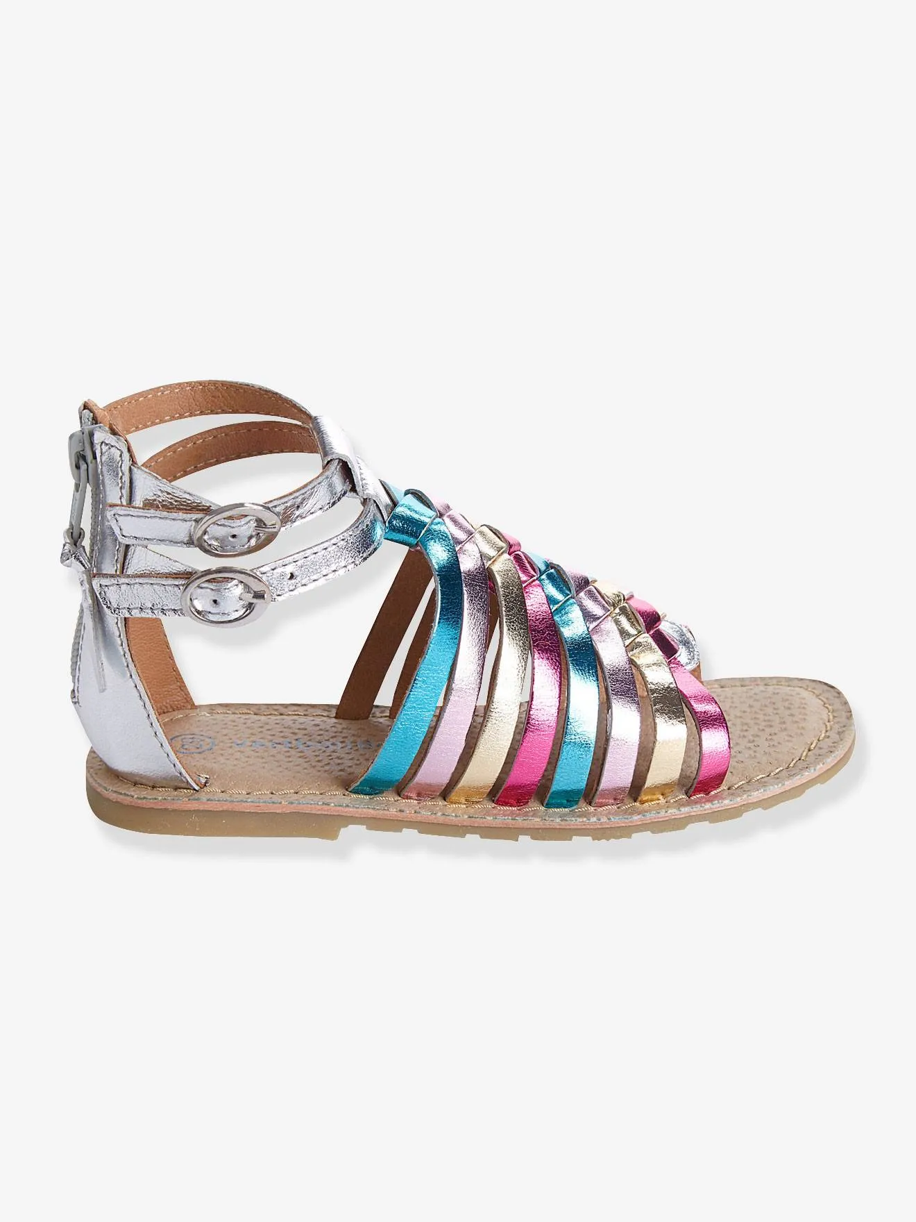 Sandales fille en cuir argent/multicolore - Vertbaudet