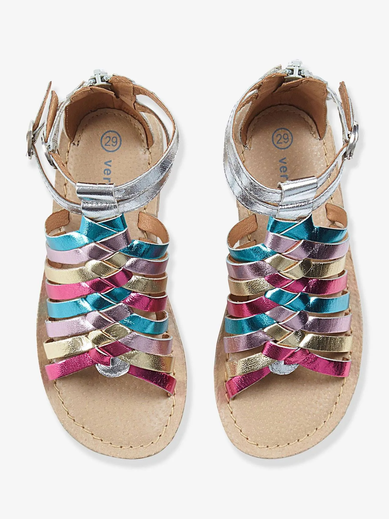 Sandales fille en cuir argent/multicolore - Vertbaudet