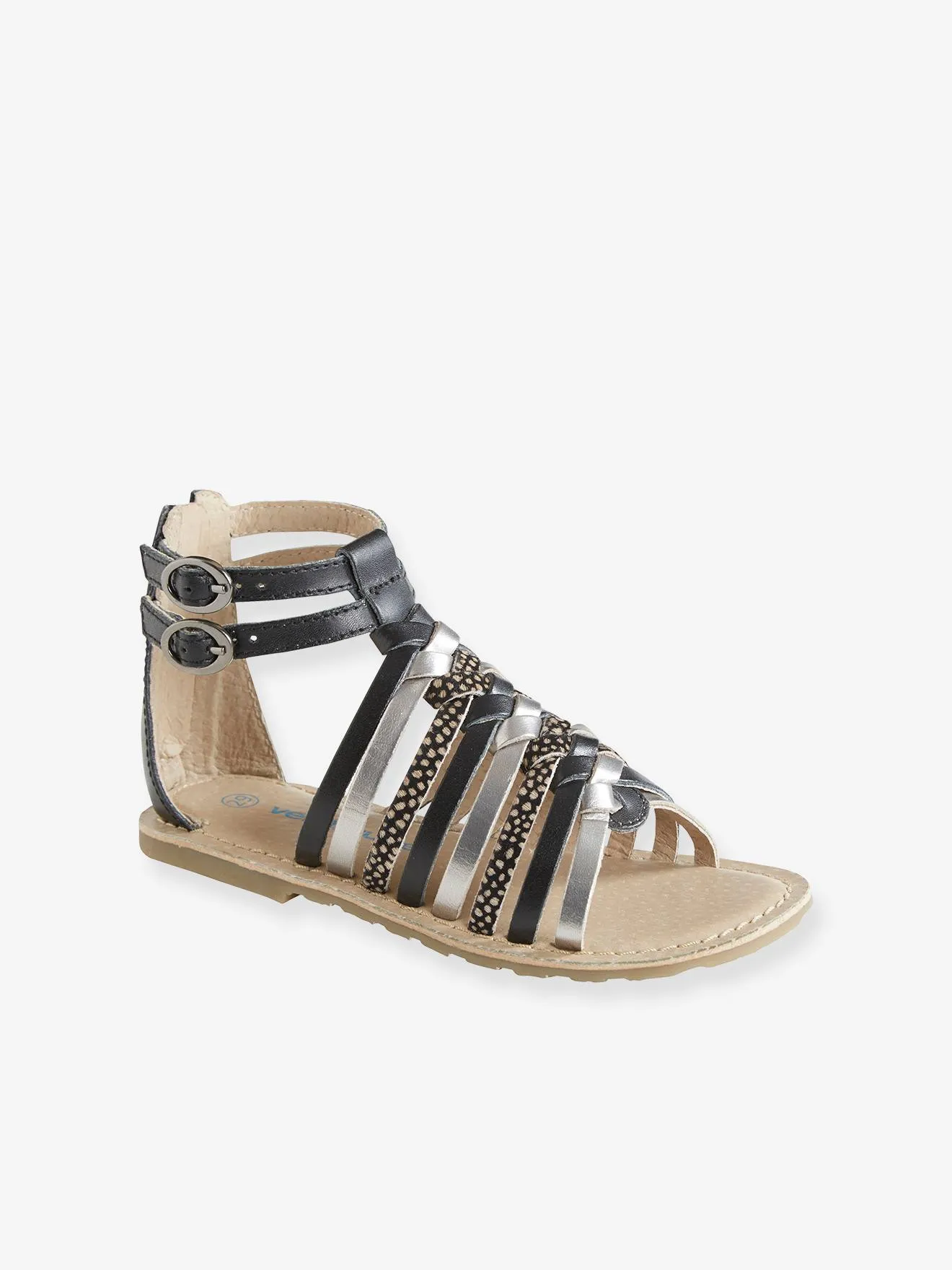 Sandales fille en cuir argent/multicolore - Vertbaudet