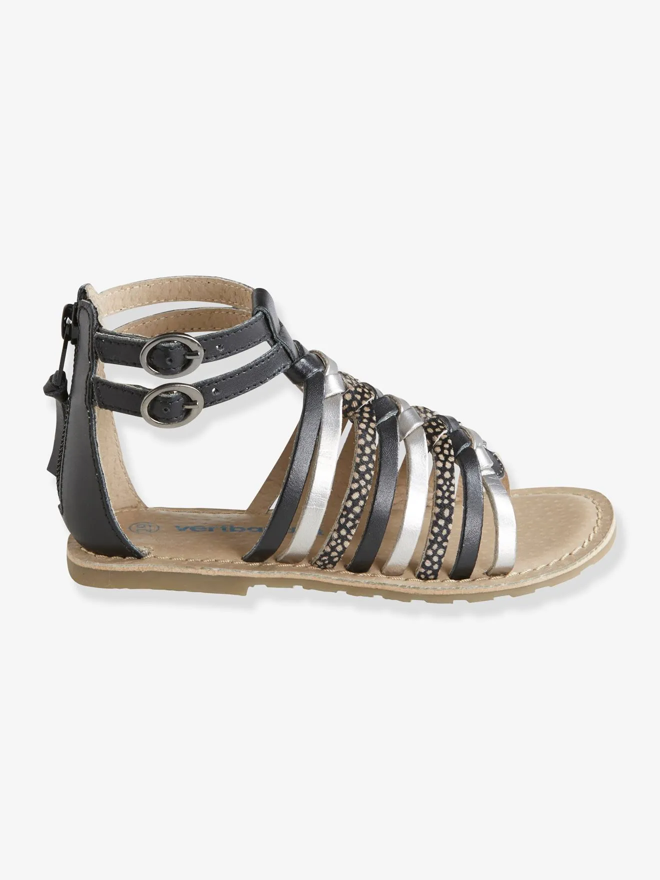 Sandales fille en cuir argent/multicolore - Vertbaudet