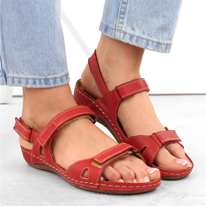 Sandales pour femmes en cuir rouge Helios 205 avec velcro