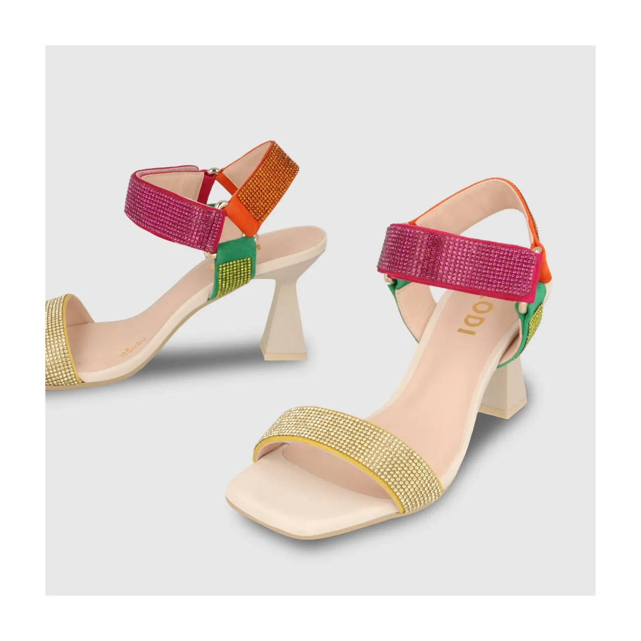 Sandales à talon femme en cuir à brides ornées de pierres multicolore | LODI Chaussures pour femme en ligne.