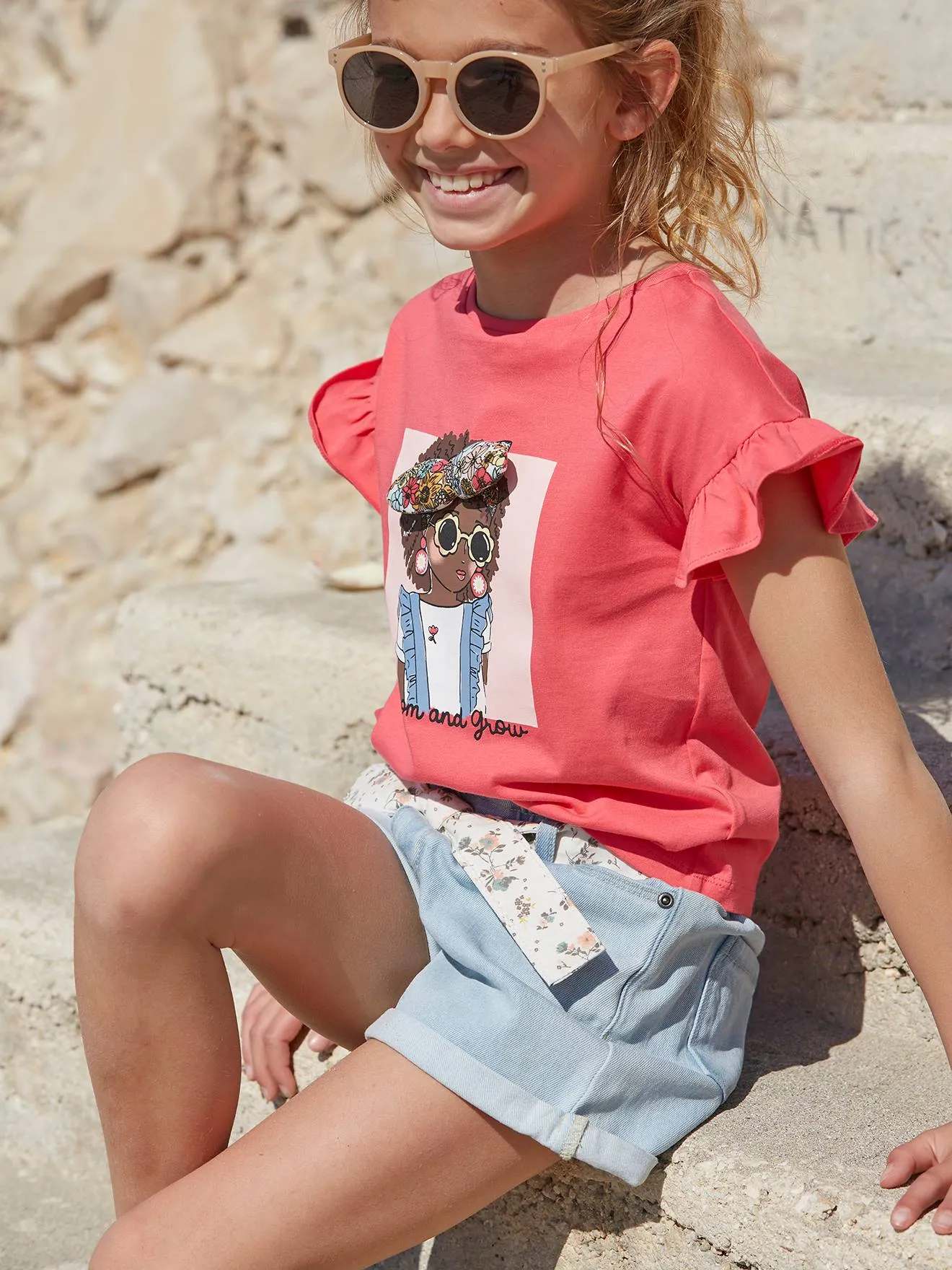 Short en denim style "paperbag" fille denim bleached - Vertbaudet