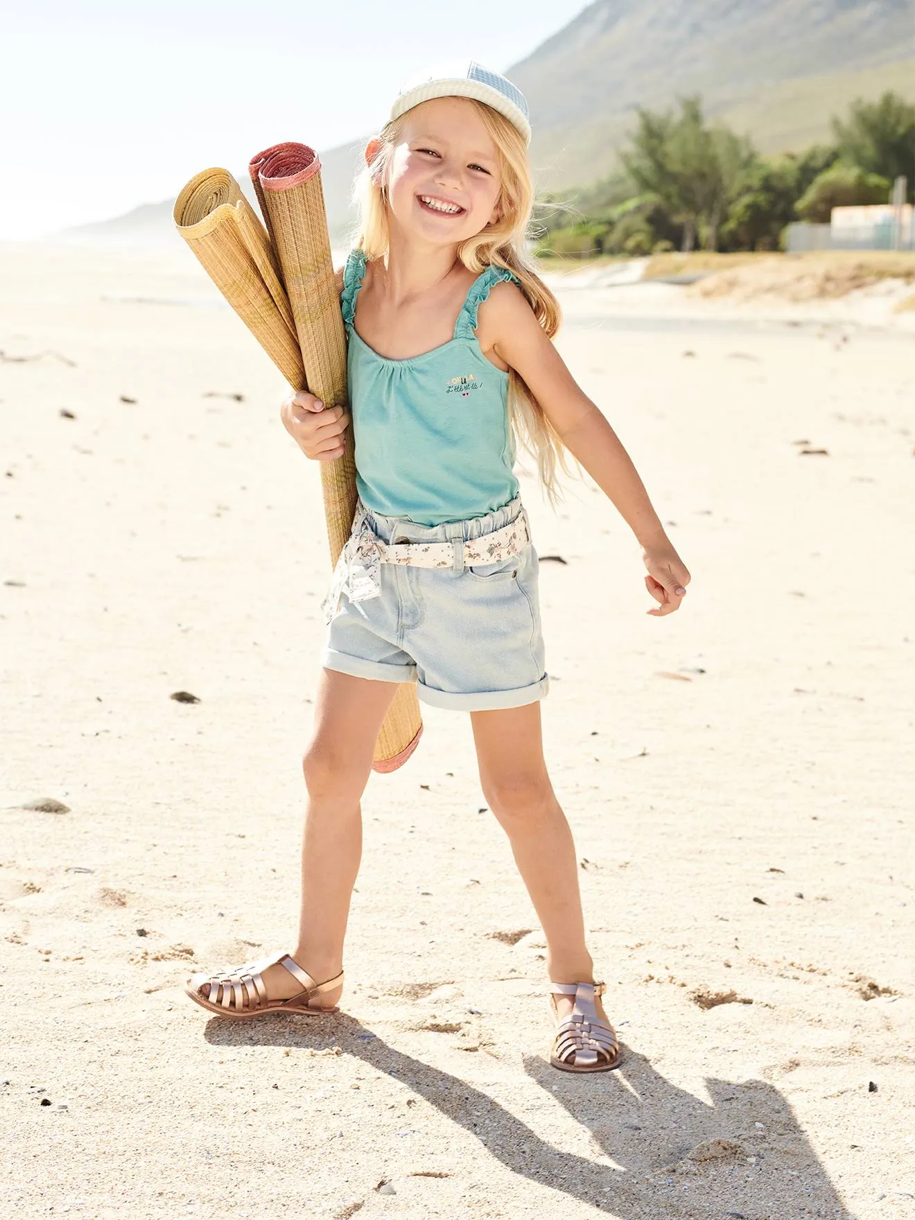 Short en denim style "paperbag" fille denim bleached - Vertbaudet