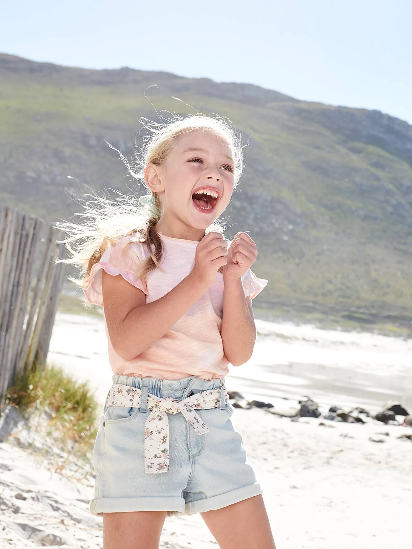 Short en denim style "paperbag" fille denim bleached - Vertbaudet