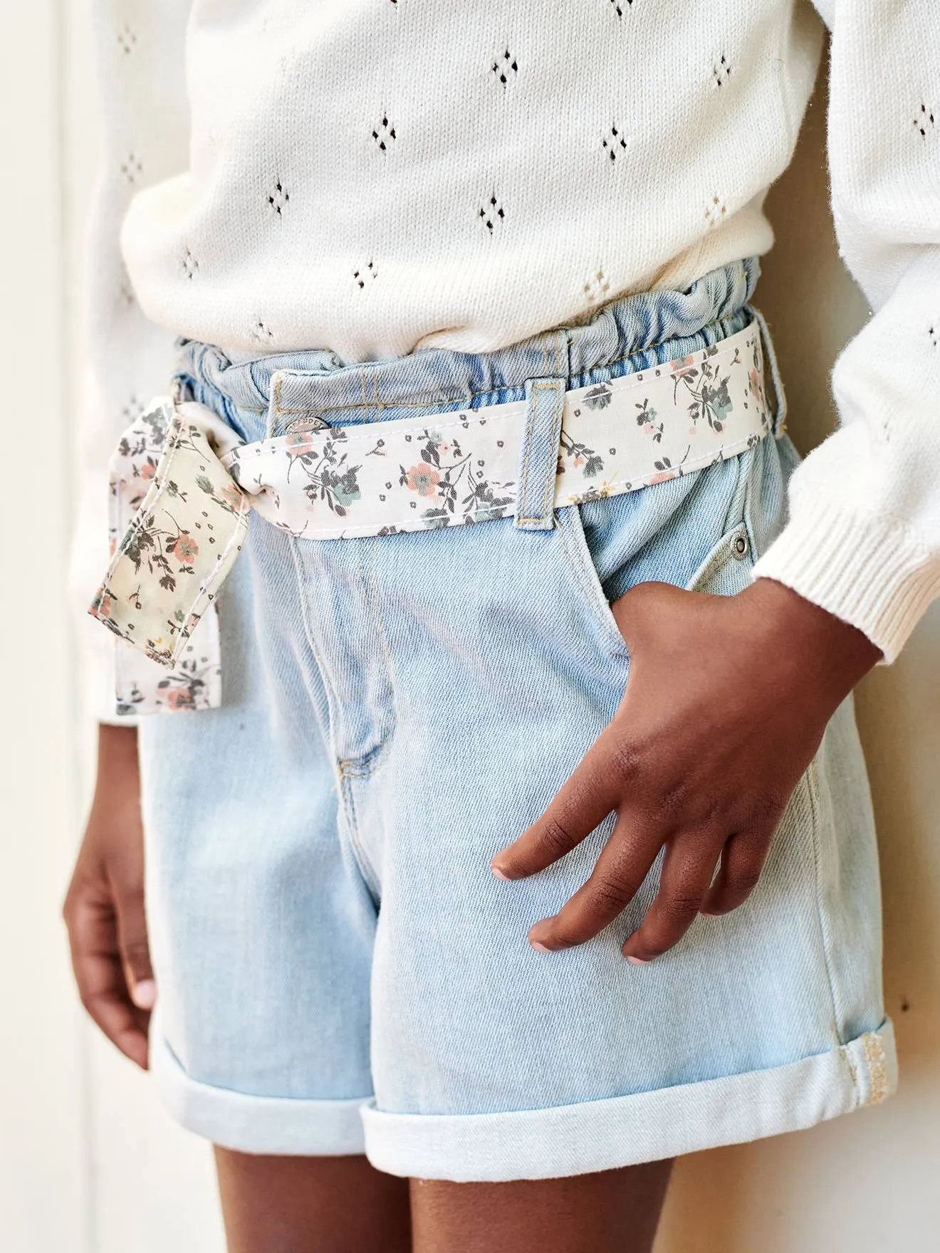 Short en denim style "paperbag" fille denim bleached - Vertbaudet