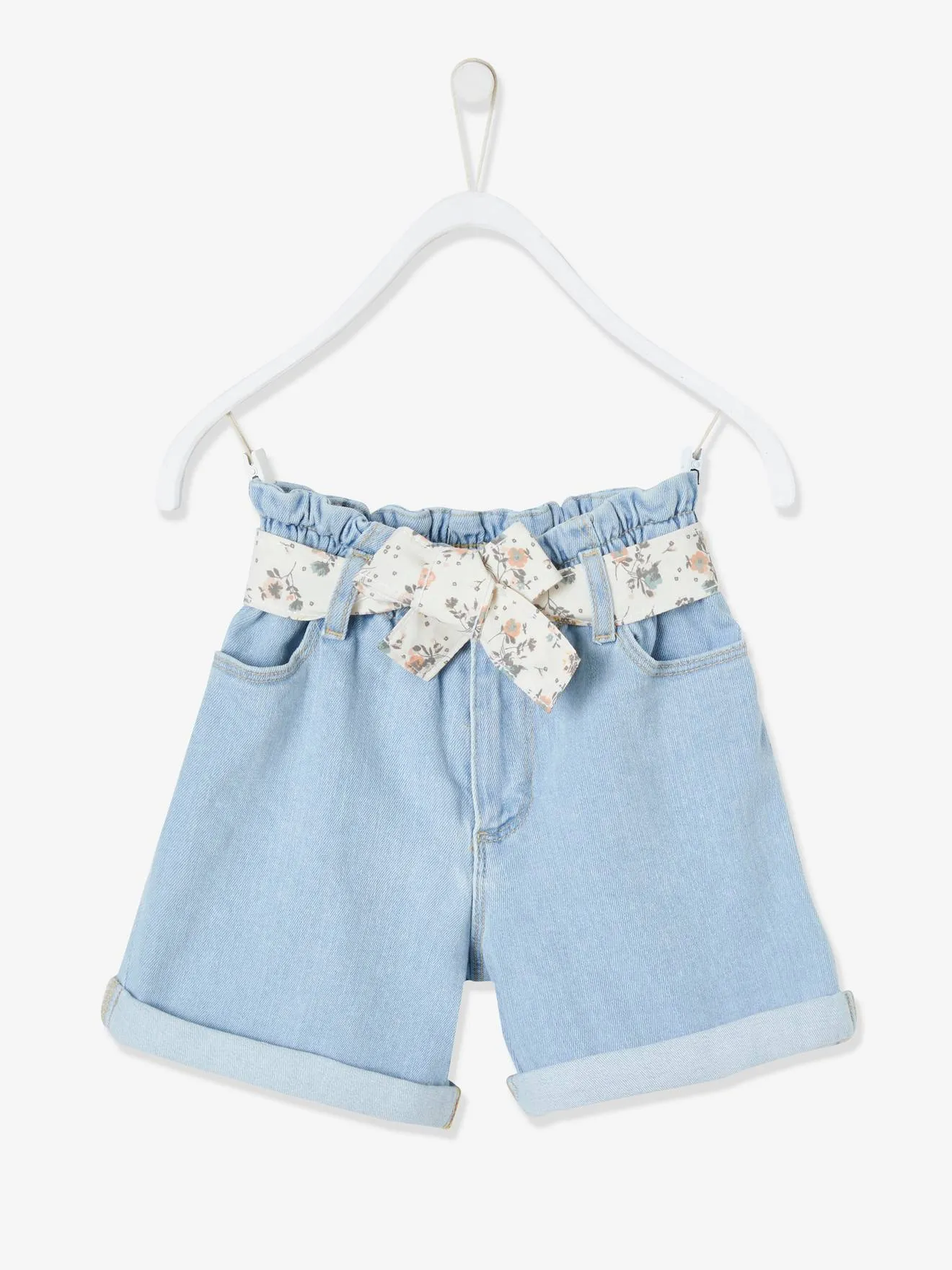 Short en denim style "paperbag" fille denim bleached - Vertbaudet