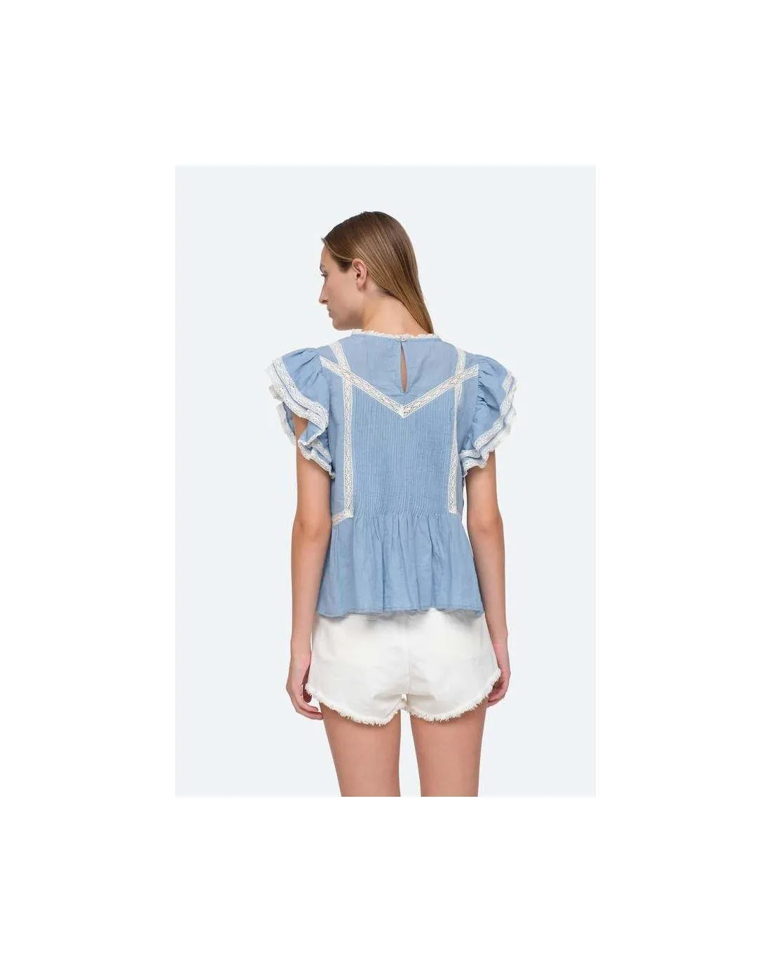 TOP KYLA EMBROIDERY ON CHAMBRAY FLUTTER BLUE  Sea New York | Chez Maman Rouen