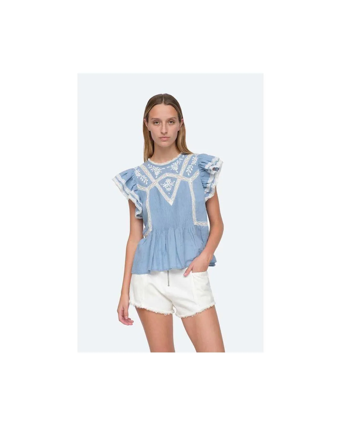 TOP KYLA EMBROIDERY ON CHAMBRAY FLUTTER BLUE  Sea New York | Chez Maman Rouen