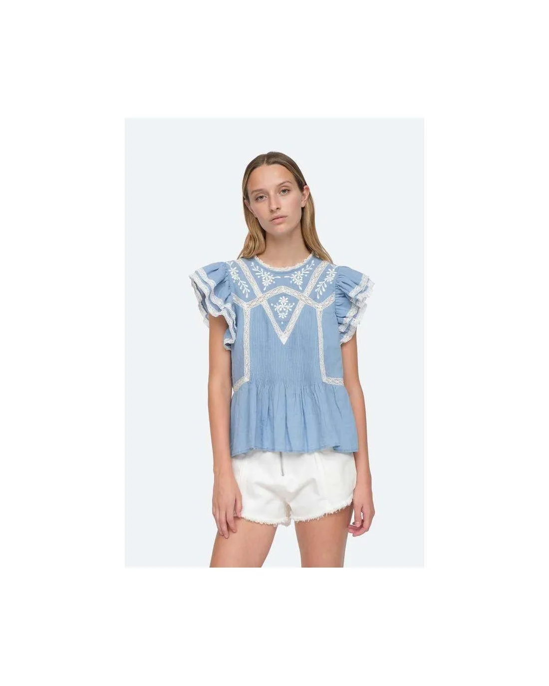 TOP KYLA EMBROIDERY ON CHAMBRAY FLUTTER BLUE  Sea New York | Chez Maman Rouen