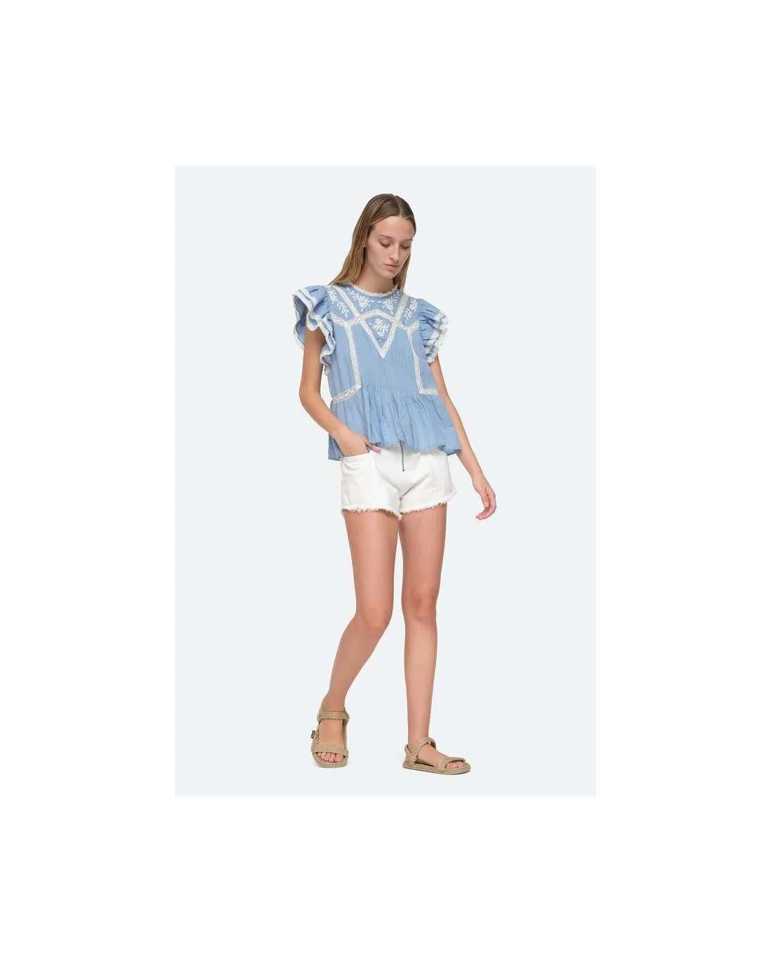 TOP KYLA EMBROIDERY ON CHAMBRAY FLUTTER BLUE  Sea New York | Chez Maman Rouen